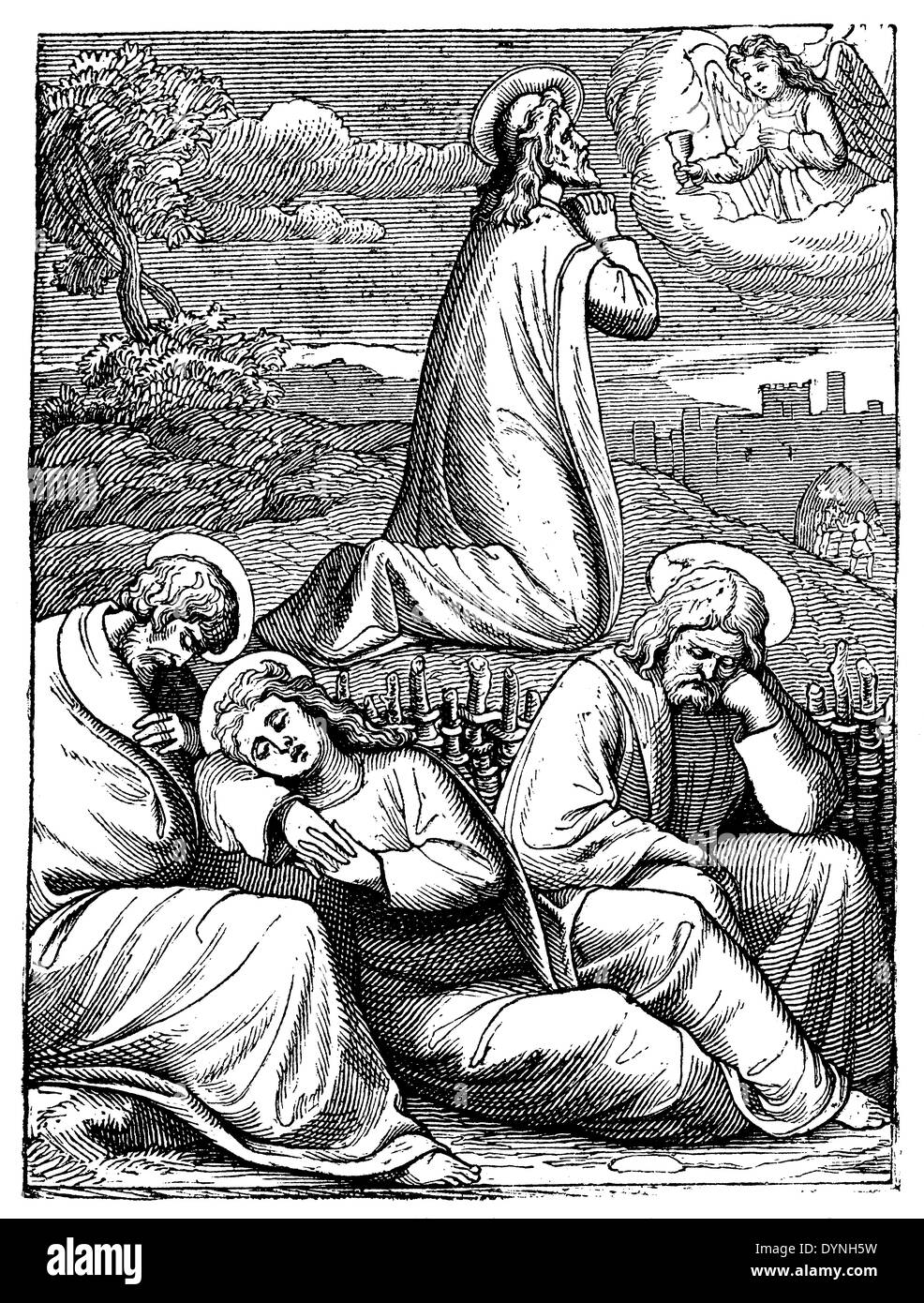 Jesus prays while his disciples are sleeping Stock Photo