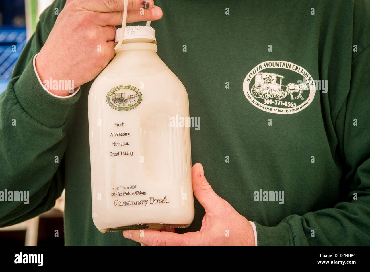 Close-up of a glass bottle of milk at the Waverly Farmers Market in Baltimore, Maryland Stock Photo