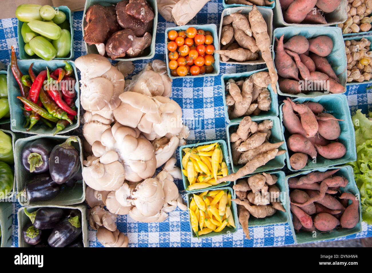 Overhead view of produce on a table at the Waverly Farmers Market in Baltimore, Maryland Stock Photo