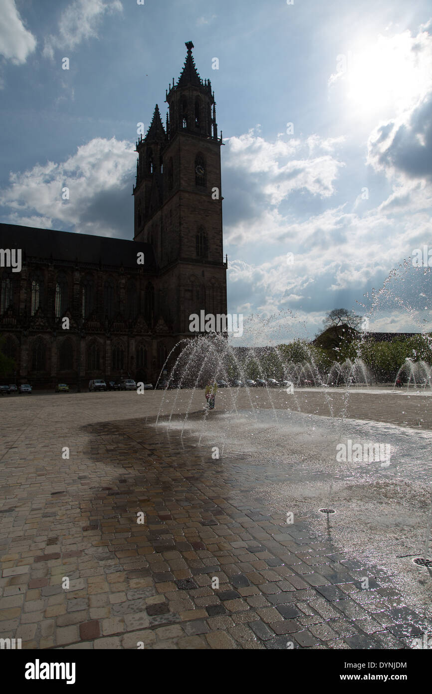 This is a  waterspout fountain on the Domplatz in Magdeburg, Saxony-Anhalt, Germany. Stock Photo