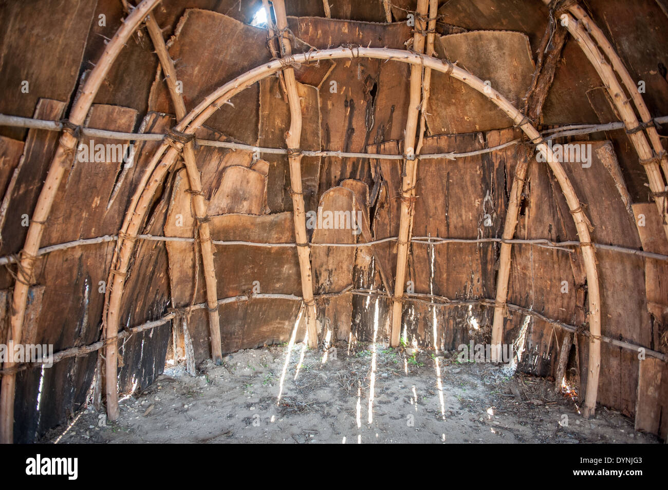 Inside of wigwam of the traditional Piscataway Native Americans in Waldorf MD Stock Photo