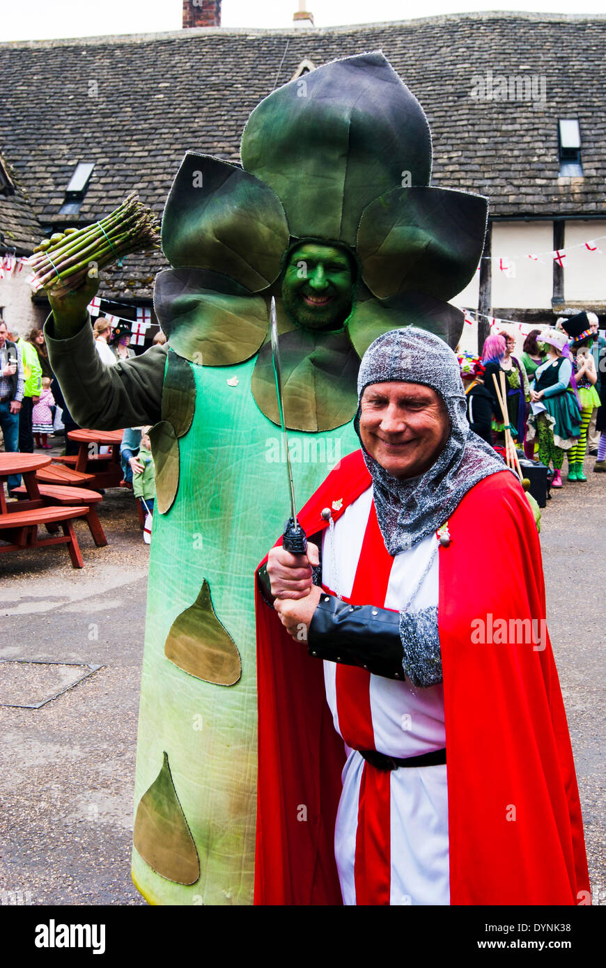 Bretforton, Evesham, Worcestershire, UK. 23rd April 2014. Gus the Asparagus and Tony Haines in