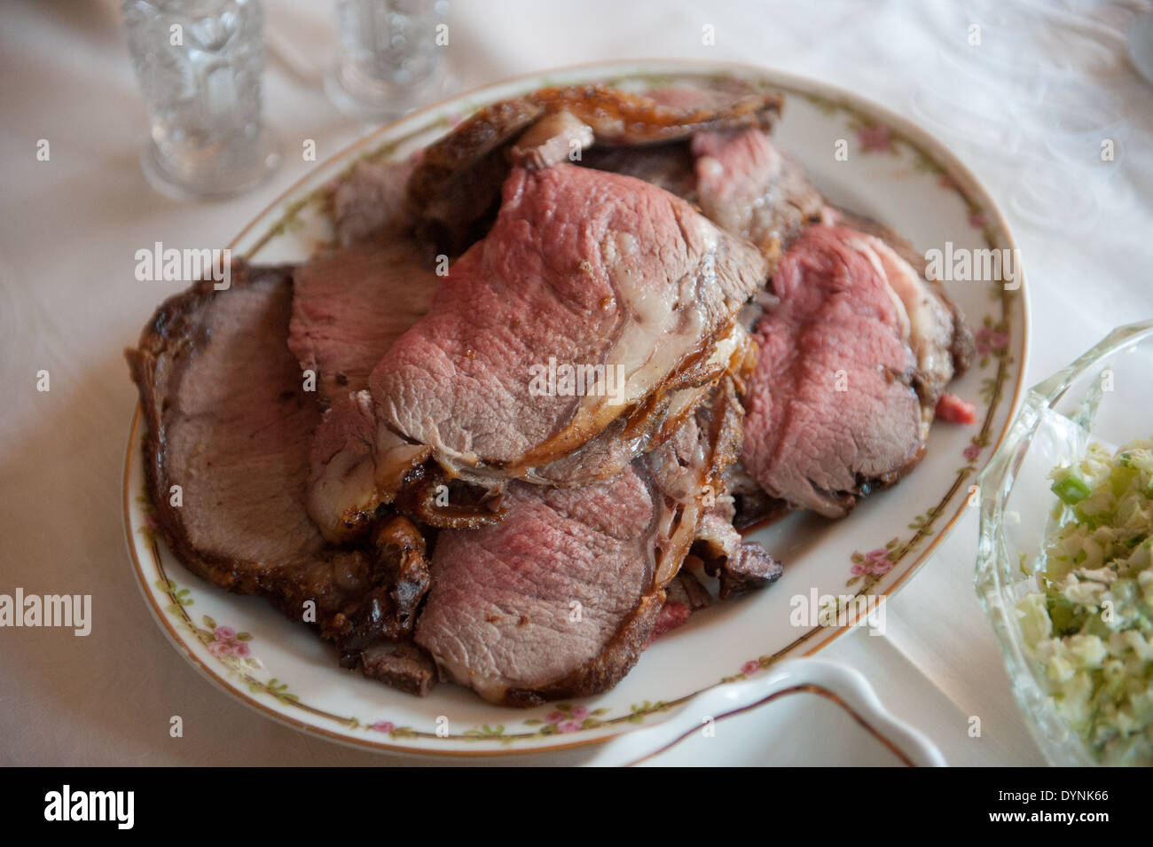 Rare beef on a china platter in Fallston, MD Stock Photo