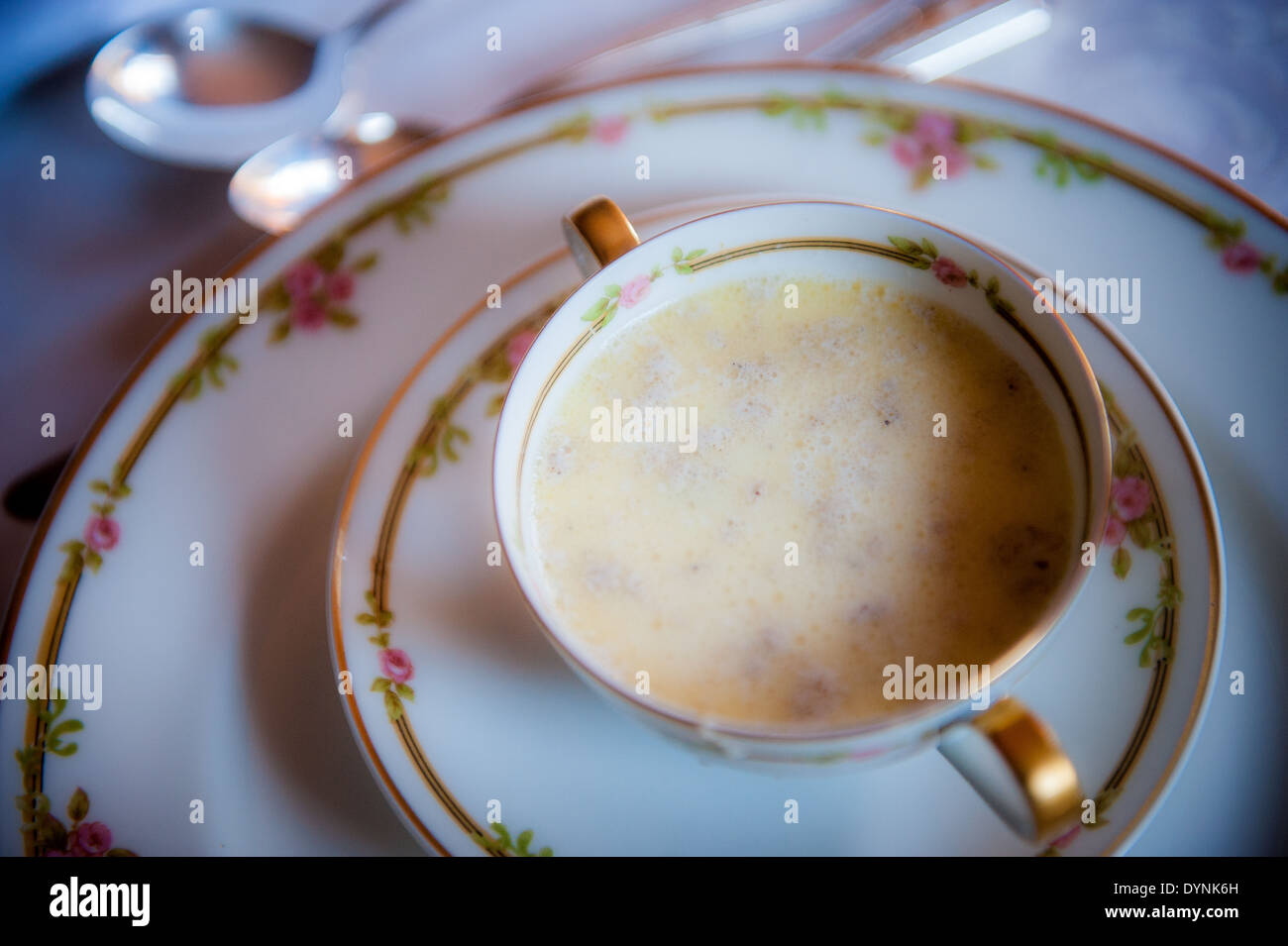 Soup in a flowered china dish in Fallston, Maryland Stock Photo