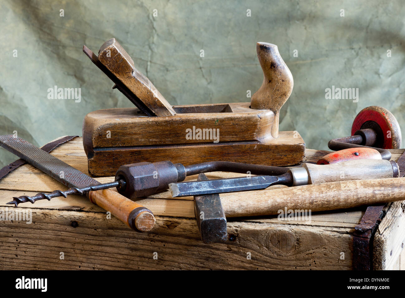 still life with old hammer and carpentry tools Stock Photo