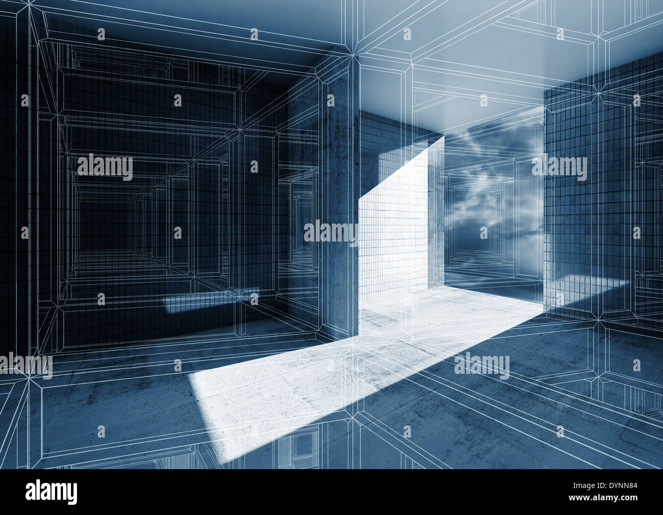 Dark blue abstract 3d interior with wire-frame lines Stock Photo - Alamy