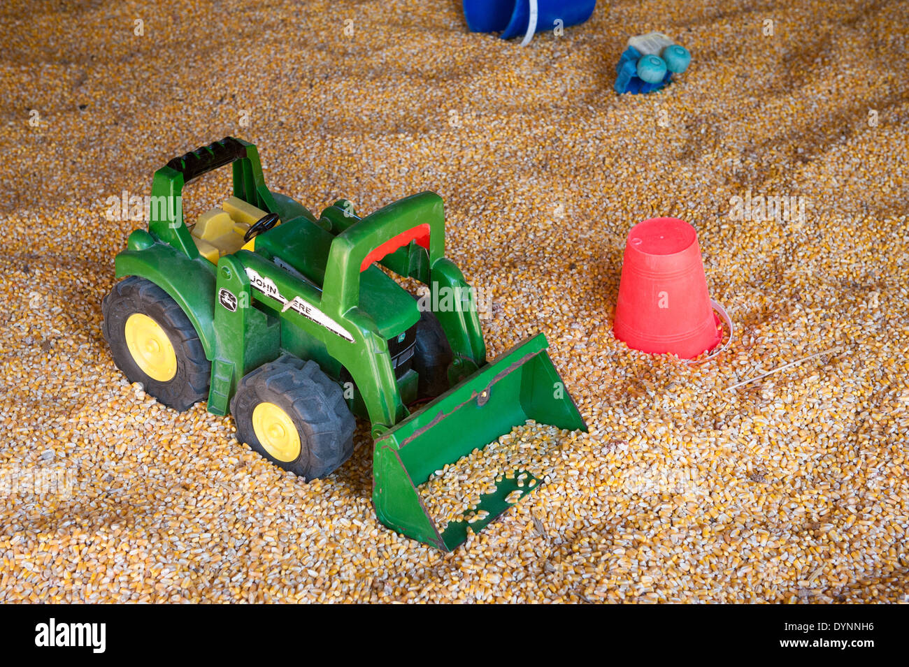 Toy tractor in corn kernels Upper Marlboro MD Stock Photo