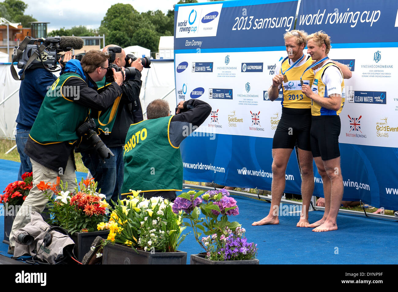 Hamish Bond and Eric Murray, New Zealand coxless pair, receive World Cup medals at Eton Dorney. Stock Photo