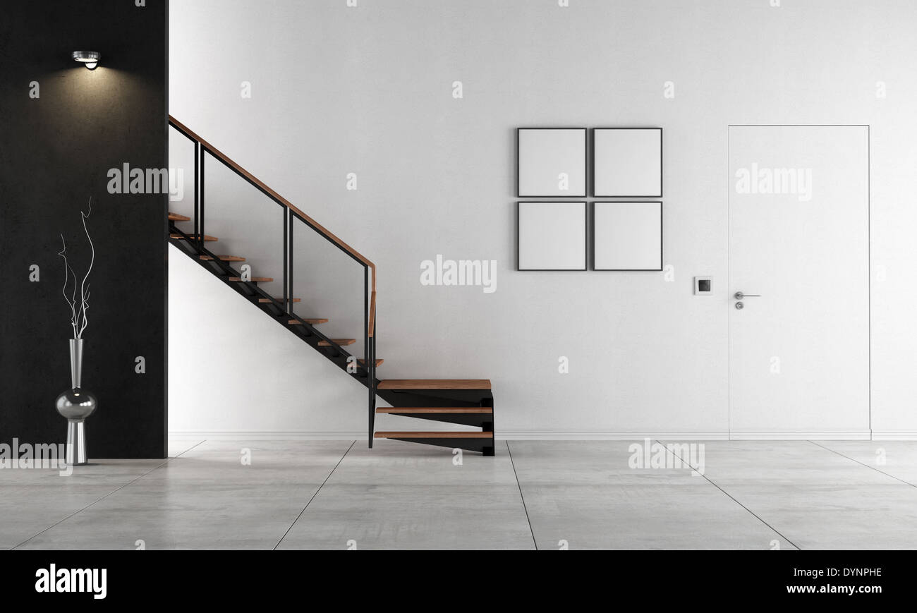 Black and white living room with staircase - rendering Stock Photo - Alamy