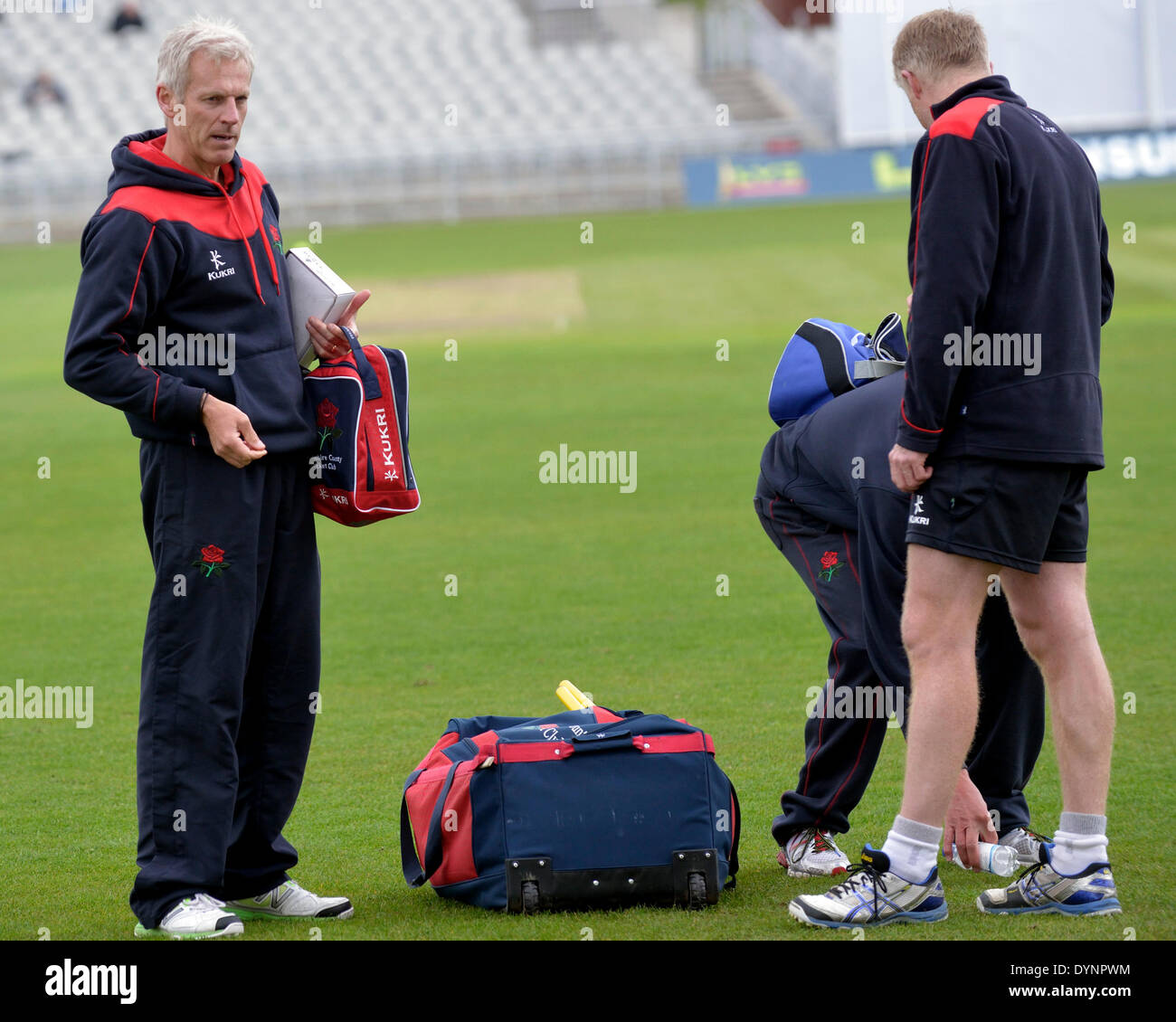 Manchester, UK. 23rd Apr, 2014. Peter Moores, the head coach at Lancashire County Cricket Club at the end of the warm-up session on the morning of the final day of the match against Warwickshire before taking up his new post as manager of the England Cricket Team. Peter Moores Last Match As Lancashire Coach Manchester, UK 23rd April 2014 Credit:  John Fryer/Alamy Live News Stock Photo