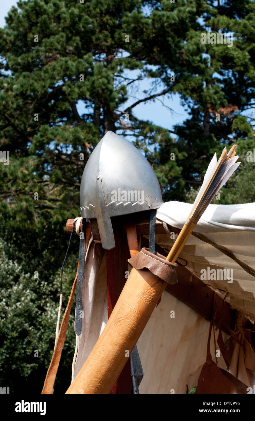 Close up of ancient metal helmet and archery, Battle of Clontarf festival, April 19, 2014,Dublin ,Ireland Stock Photo