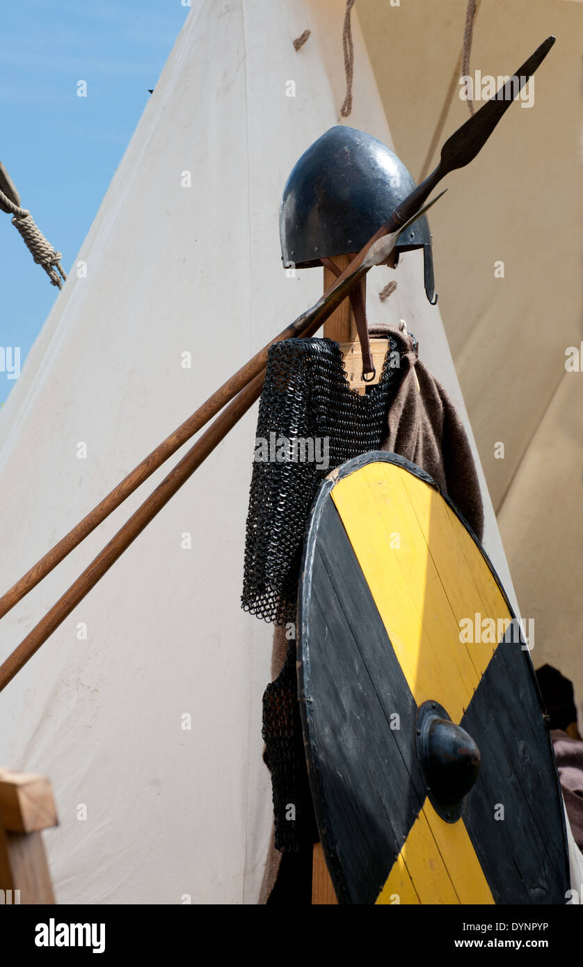 Battle of Clontarf festival, April 19, 2014, Viking tent and weapon, Dublin ,Ireland Stock Photo