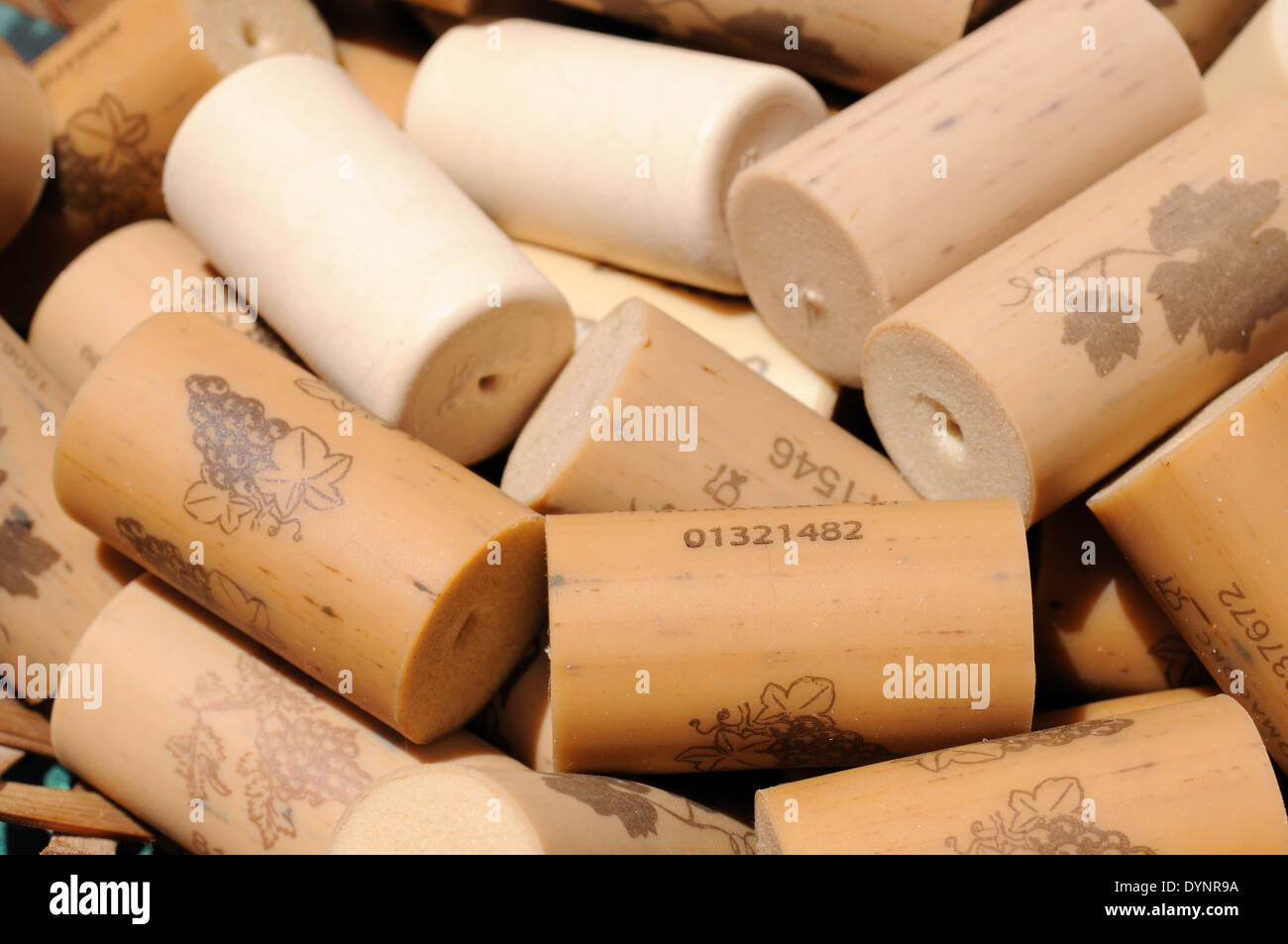 Collection of plastic wine bottle corks, Andalusia, Spain, Western
