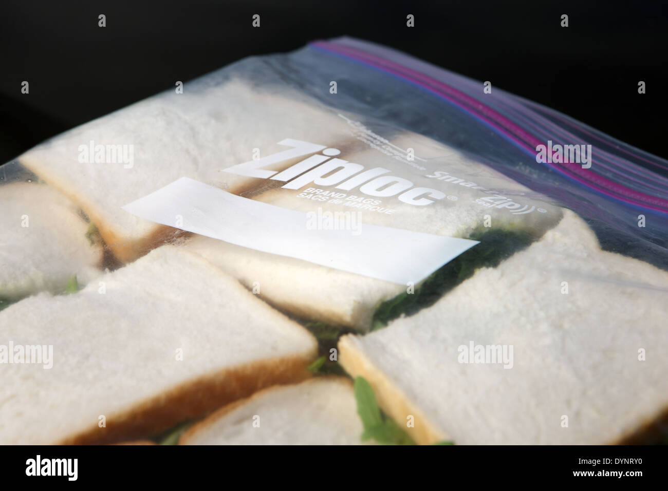 Ziploc bag packed with white bread sandwiches Stock Photo