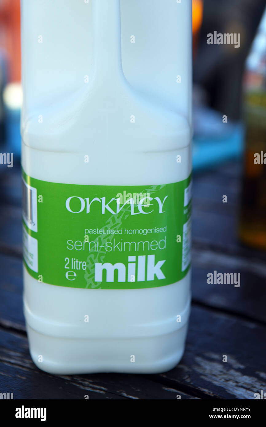 Orkney pasteurised homogenised and semi-skinned and milk Stock Photo