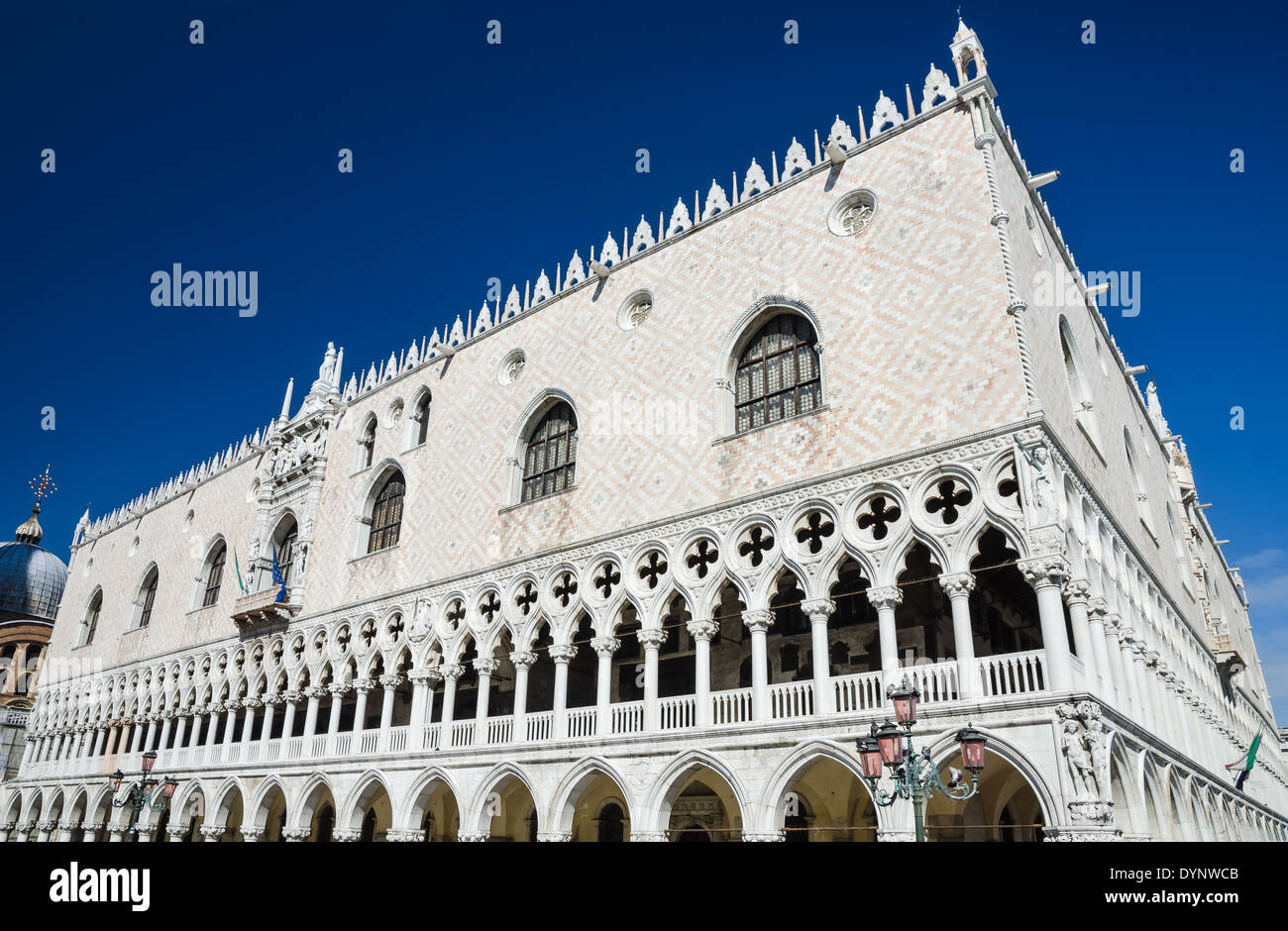 Venice, Italy. Detail with Doges Palace facade, built in Venetian Gothic Style in Piazza San Marco. Stock Photo