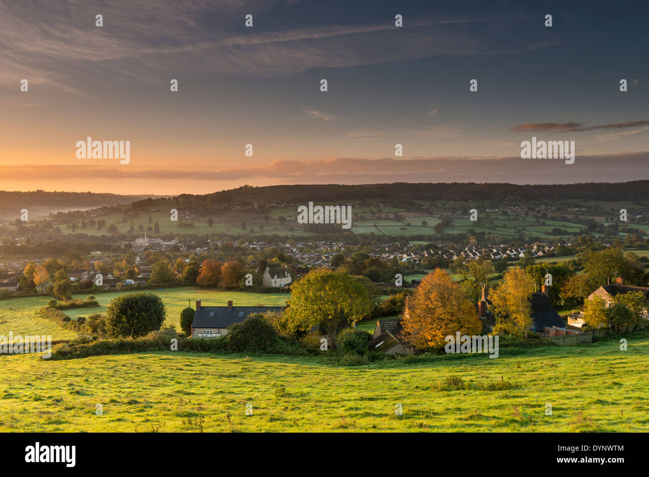 Early morning view over Cotswold market town of Stroud, looking towards Selsley Common