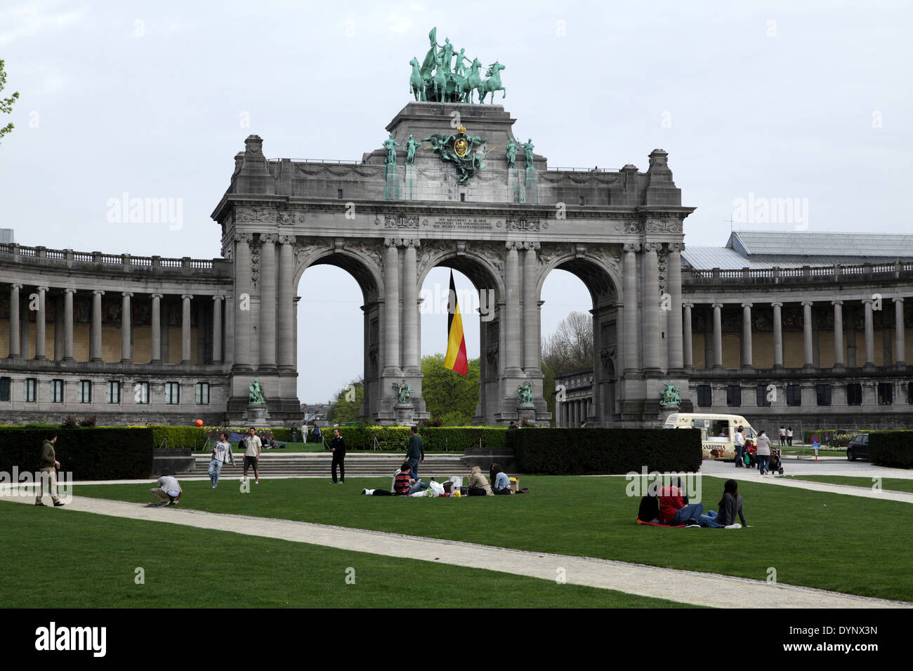 The triumphal arch.Parc du Cinquantenaire.Park of the Fiftieth Anniversary.or Jubelpark.public urban park in Brussels.Belgium. Stock Photo
