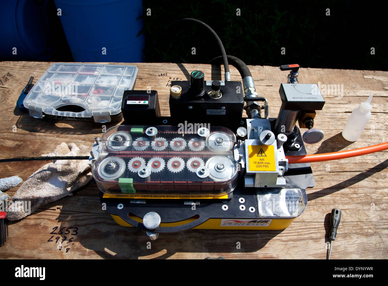 Fibre optic blowing equipment for B4RN in the Lune Valley Lancashire Stock Photo