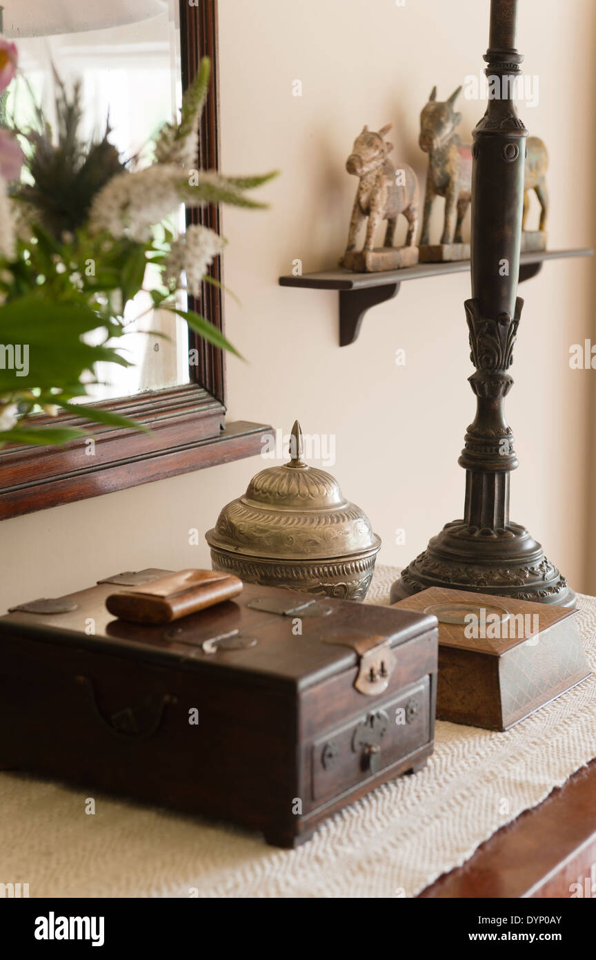 group of objects with lamp, mirror, and jewelery box Stock Photo