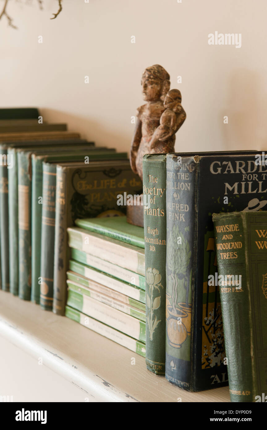 A small figurine among green vintage books on white shelf Stock Photo