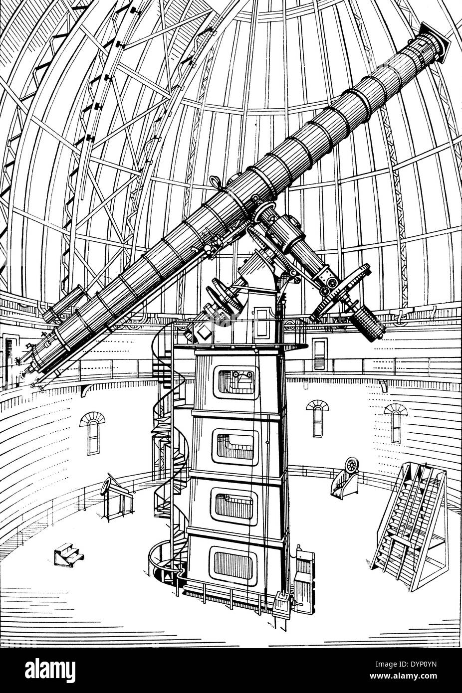 Equatorial Mount on telescope in Observatory, illustration from Soviet encyclopedia, 1926 Stock Photo