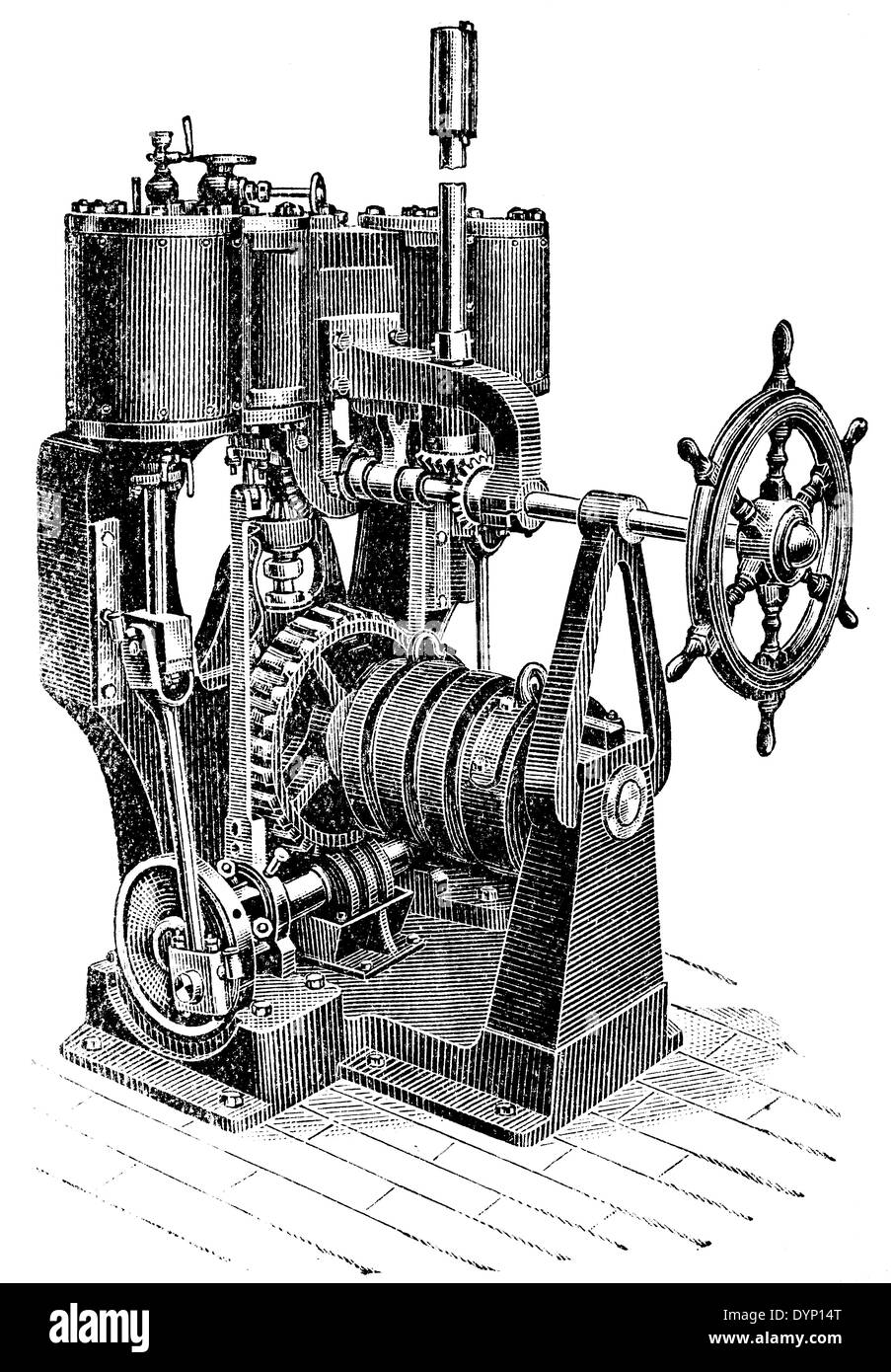 Ship control wheel machine, illustration from Soviet encyclopedia, 1929 Stock Photo
