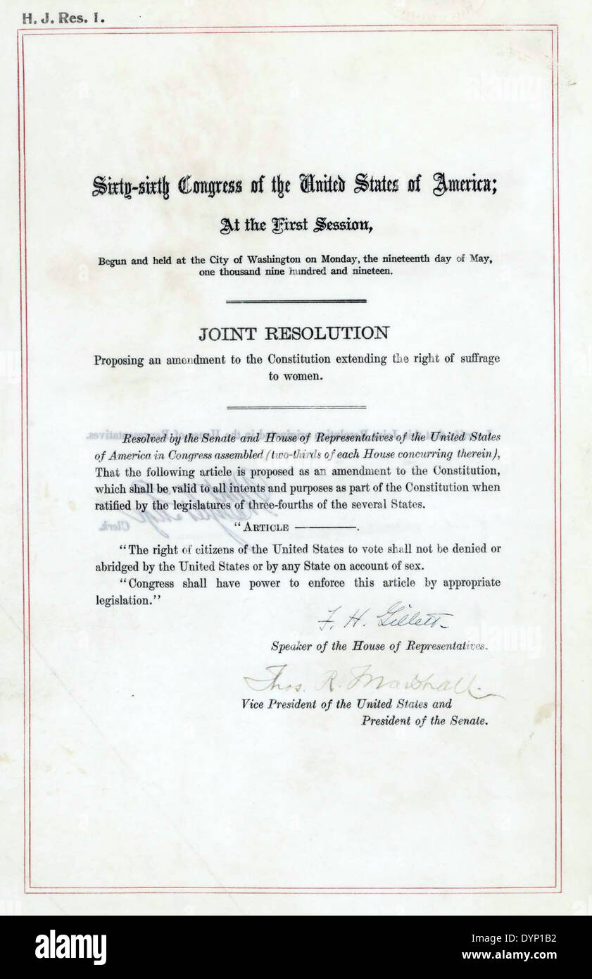 19TH AMENDMENT TO THE UNITED STATES CONSTITUTION joint resolution for  measure ratified on 18 August 1920 giving women the vote Stock Photo