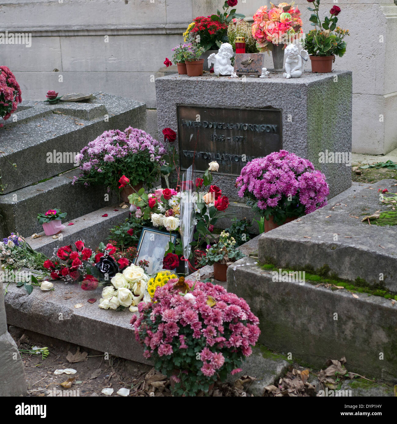 Grave of Jim Morrison, lead singer of the Doors rock band in Père Lachaise cemetery in Paris Stock Photo