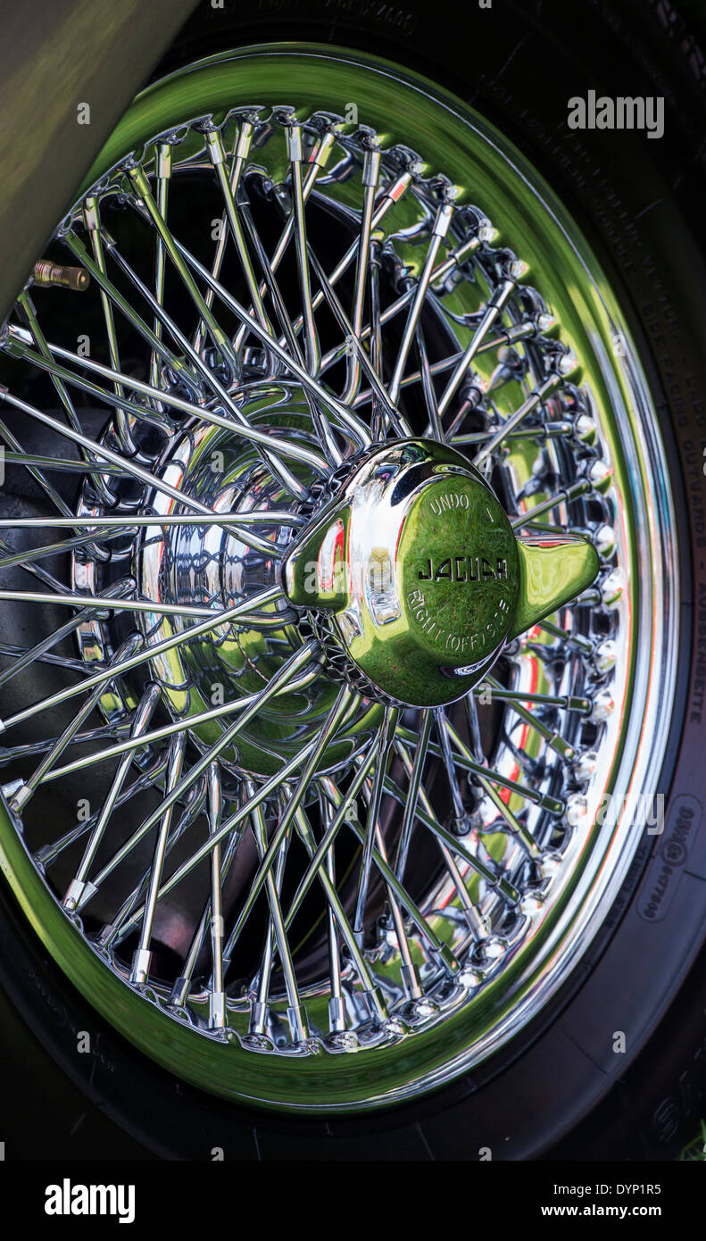 Jaguar E Type wire wheel. Classic british sports car wheel Stock Photo -  Alamy