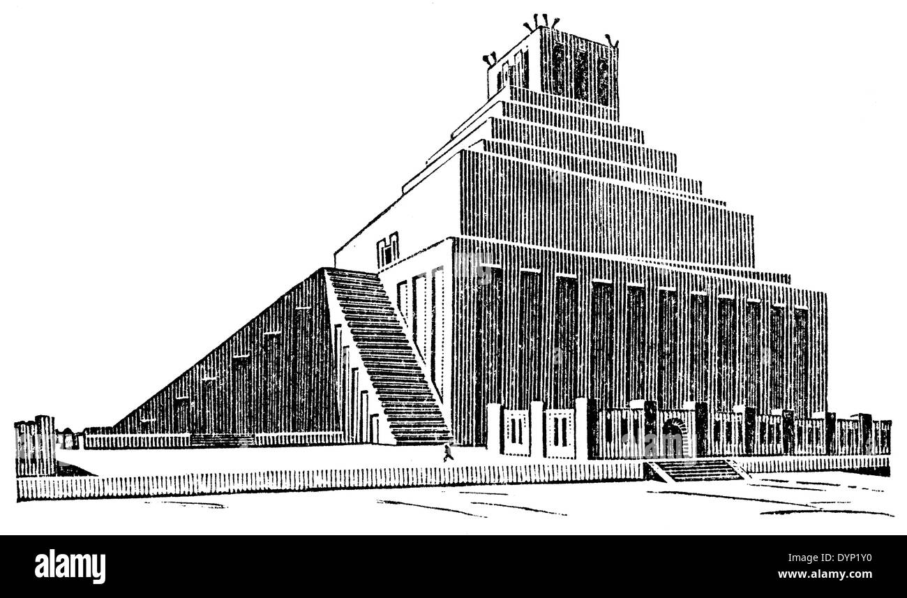 Ziggurat temple of Esagila (reconstruction), Babylon, illustration from Soviet encyclopedia, 1927 Stock Photo