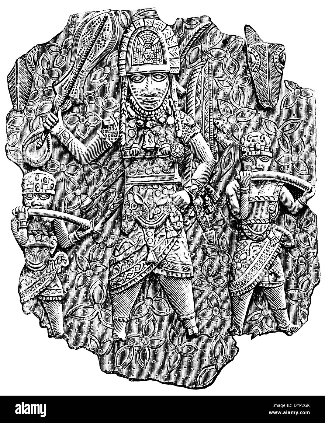 Bronze relief, Benin, illustration from Soviet encyclopedia, 1926 Stock Photo