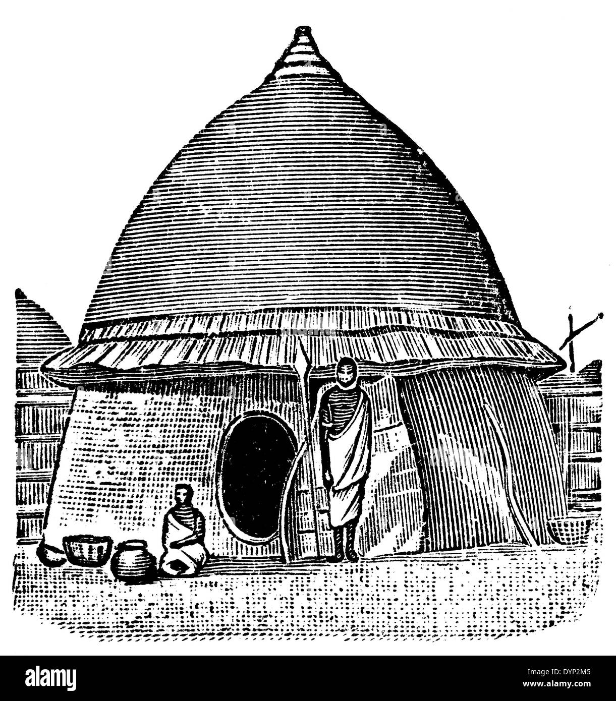 Shilluk people house, Sudan, illustration from Soviet encyclopedia, 1926 Stock Photo