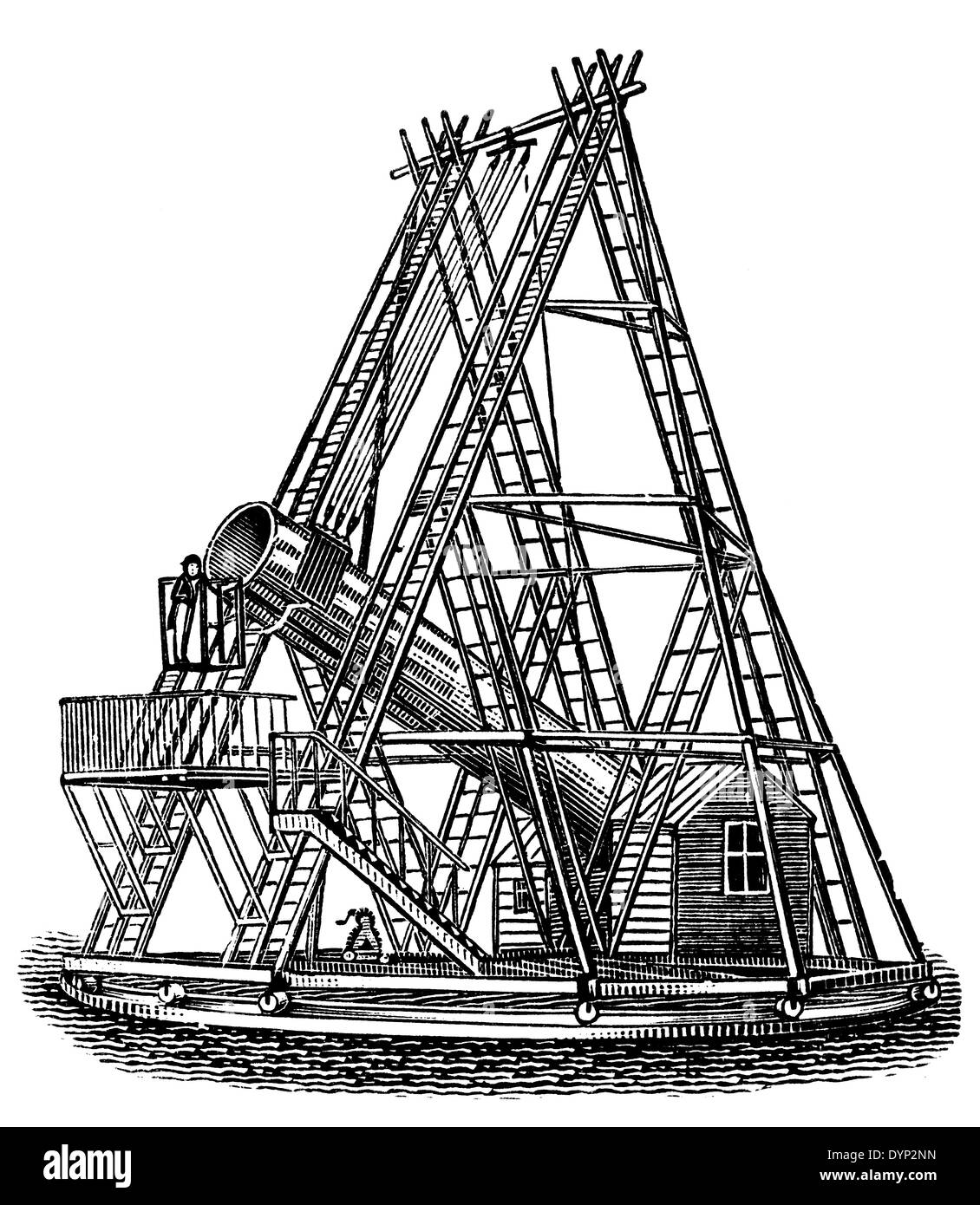 Reflecting telescope in 18th century observatory, illustration from Soviet encyclopedia, 1926 Stock Photo