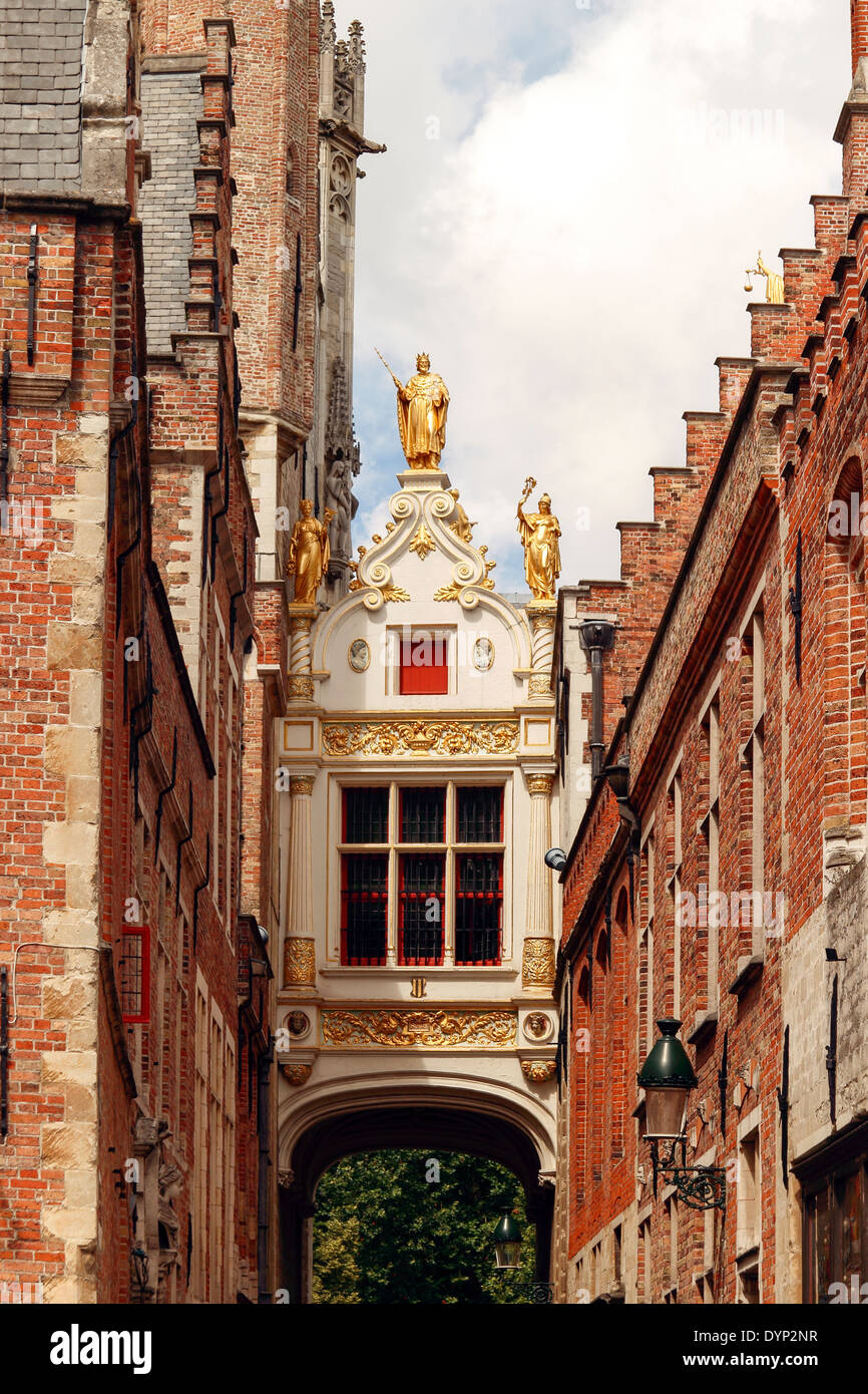 Rear of the Old Civil Registry building and City Hall, Blinde Ezelstraat leading to Burg Square, Bruges, Belgium Stock Photo