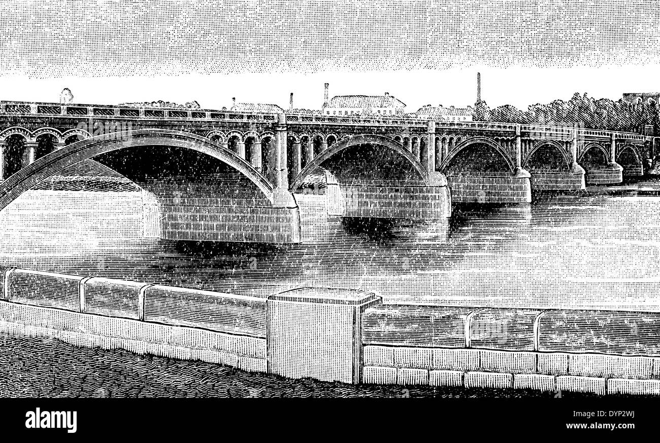 Pont Marechal Joffre (demolished in 1940), Loire river, Orleans, France, illustration from Soviet encyclopedia, 1926 Stock Photo