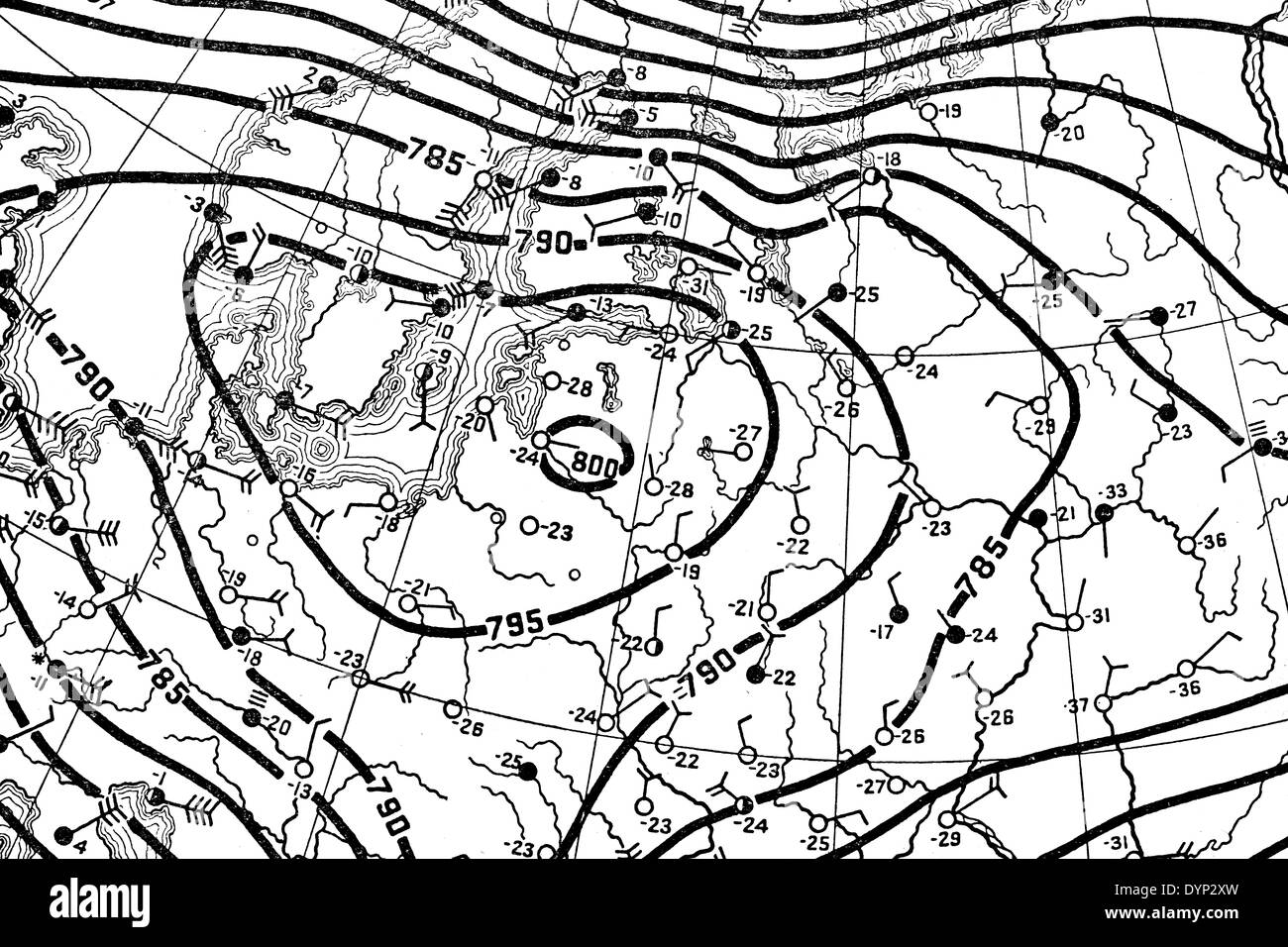 Weather map of Europe, illustration from Soviet encyclopedia, 1926 Stock Photo