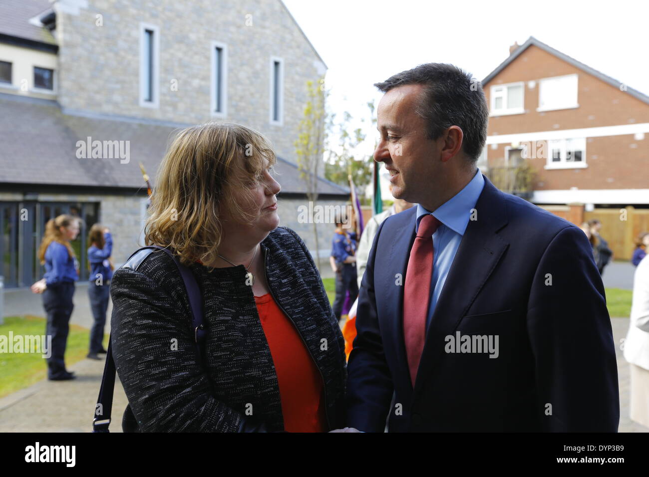 Dublin, Ireland. 23rd April 2014. The Minister of State at the Department of Finance, Brian Hayes (right), talks to a church warden before the service. Irish President Michael D. Higgins attended the commemoration service at the Church of St John the Baptist for the 1,000 year anniversary of the Battle of Clontarf. Credit:  Michael Debets/Alamy Live News Stock Photo