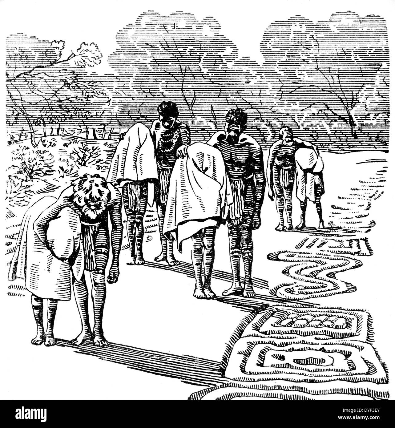 Bora initiation ceremony in Australian aboriginal culture, illustration from Soviet encyclopedia, 1926 Stock Photo