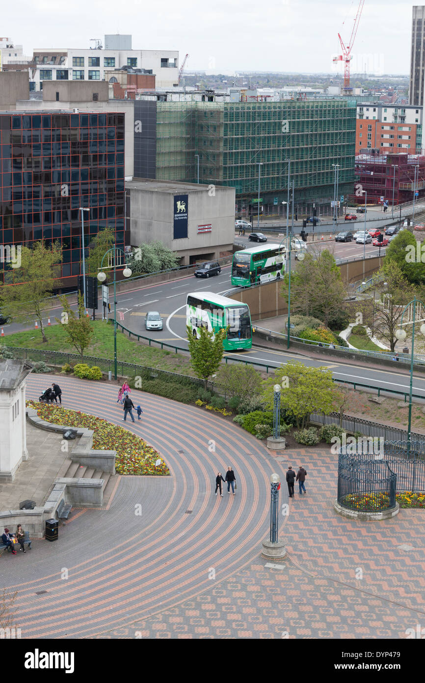 Electric hybrid doubledecker buses in service in Birmingham city center. Helping to reduce emissions and pollution. Stock Photo