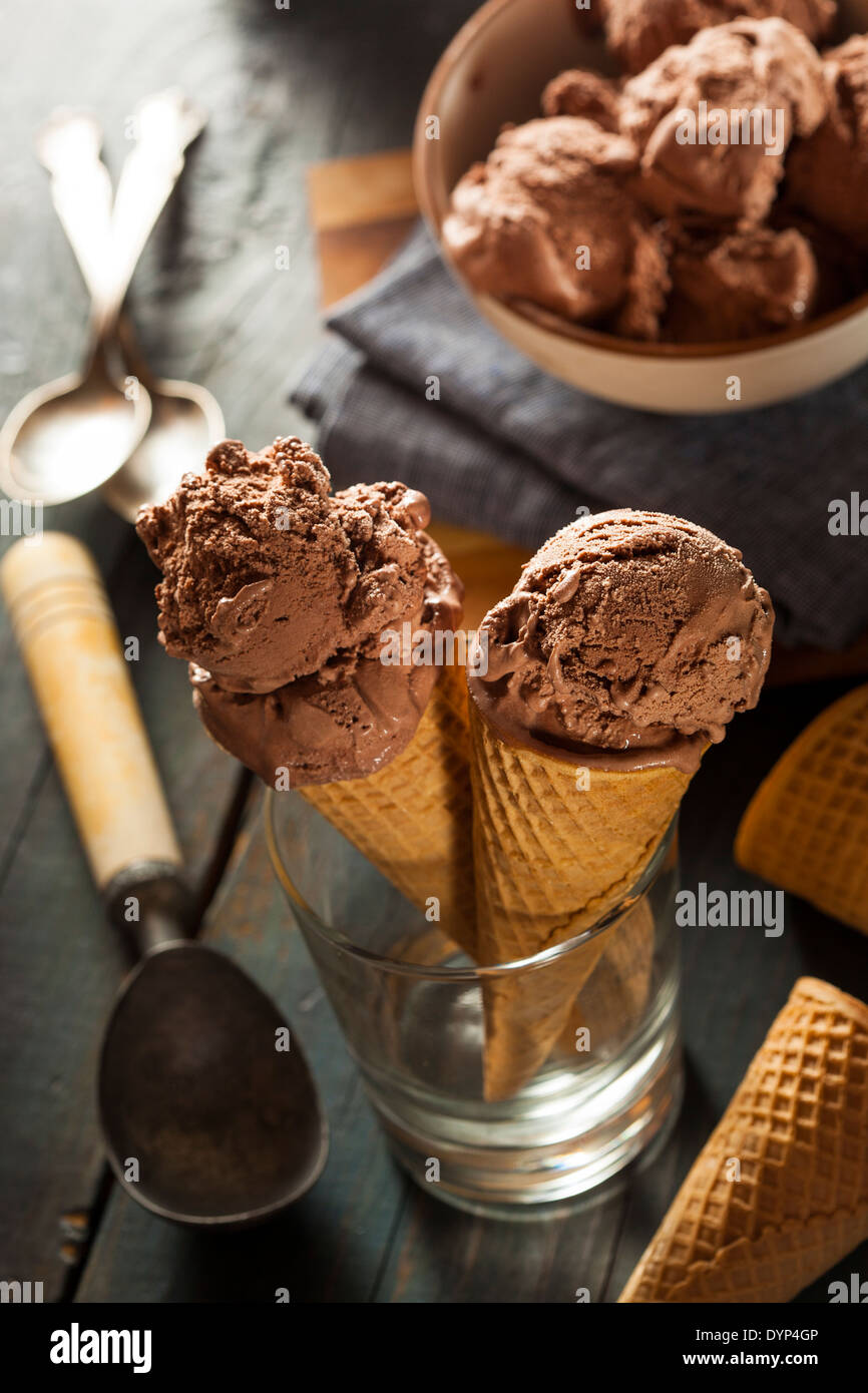 Homemade Dark Chocolate Ice Cream in a Cone Stock Photo