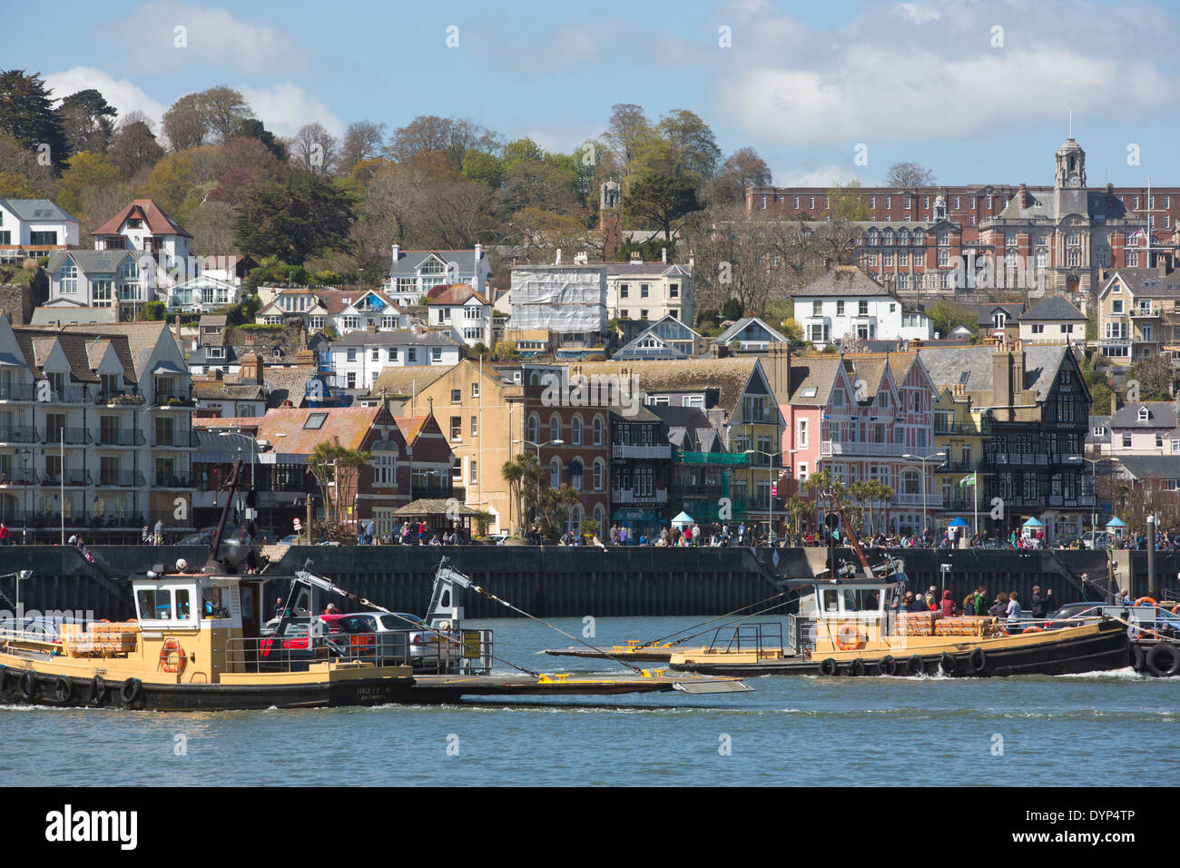 Car ferries crossing picturesque Dartmouth Harbour, Dart Harbour flows through the town Dartmouth, South Devon, England, UK Stock Photo