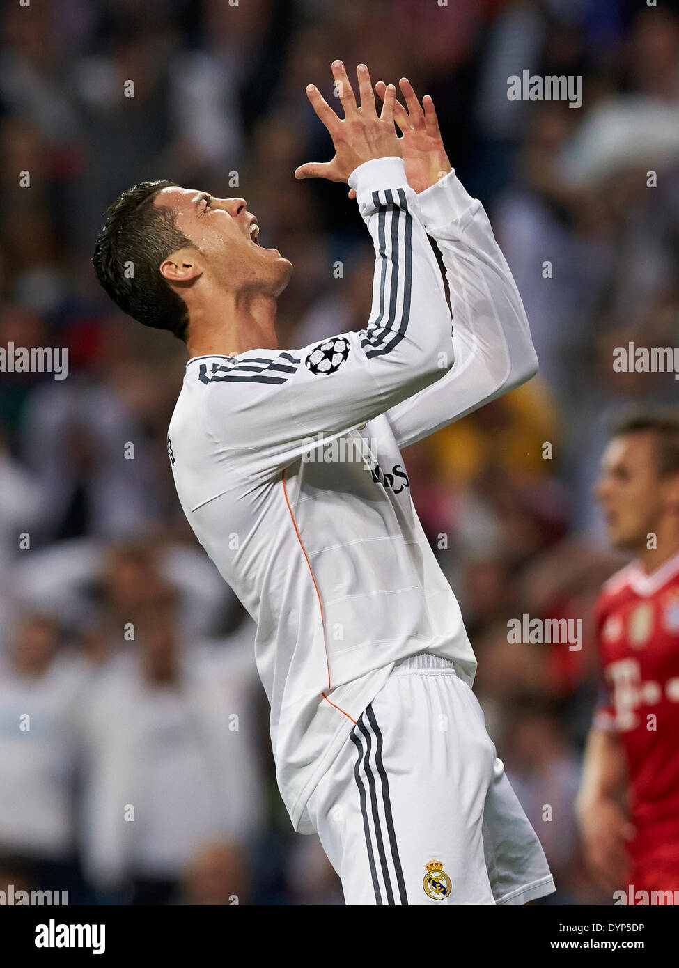 Madrid, Spain. 23rd Apr, 2014. Midfielder Cristiano Ronaldo of Real Madrid reacts during the UEFA Champions League Game between Real Madrid and FC Bayern Munchen at Santiago Bernabeu Stadium, Valencia Credit:  Action Plus Sports/Alamy Live News Stock Photo