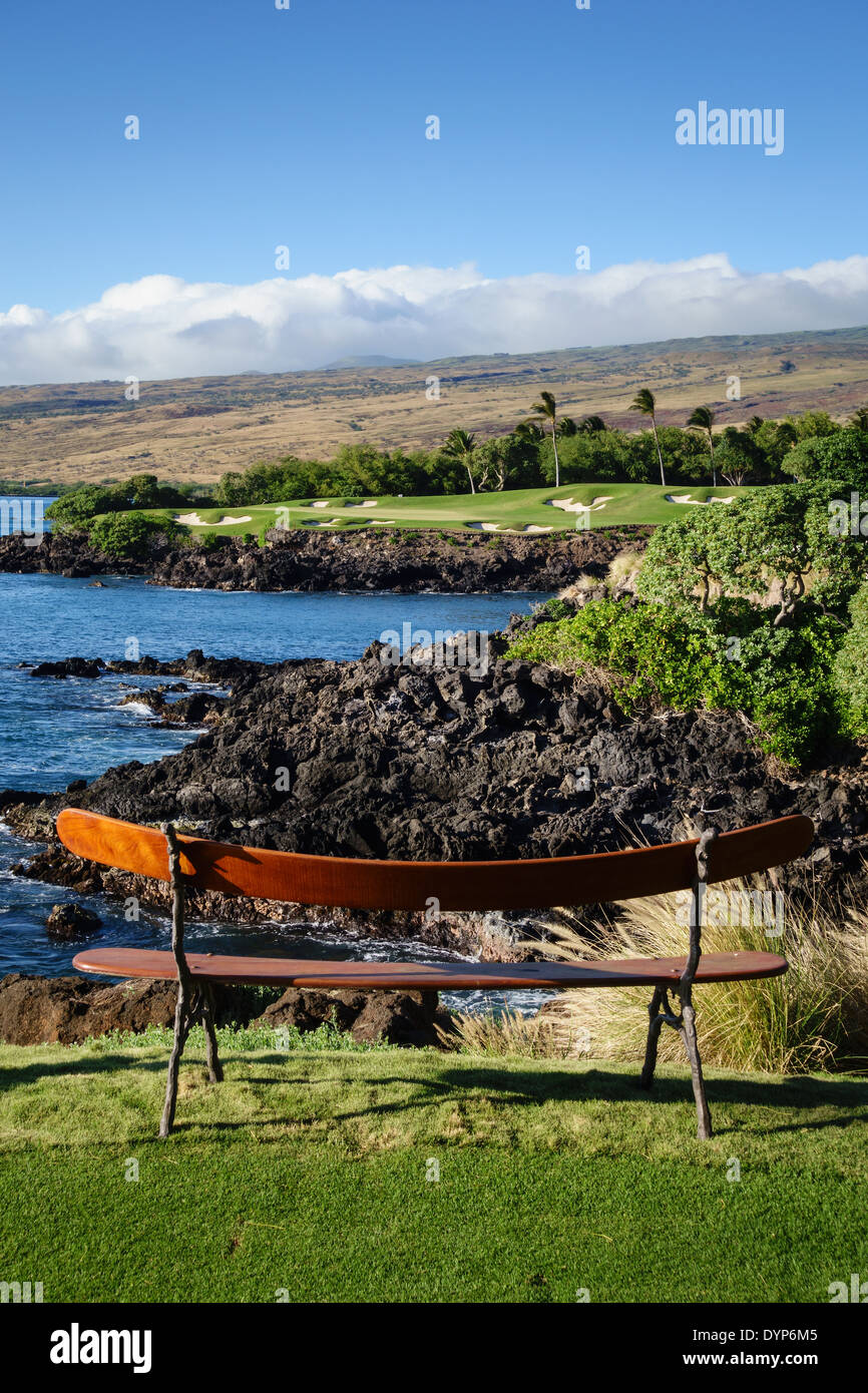 Tee box of signature third hole of Mauna Kea Golf Course in Hawaii Stock Photo