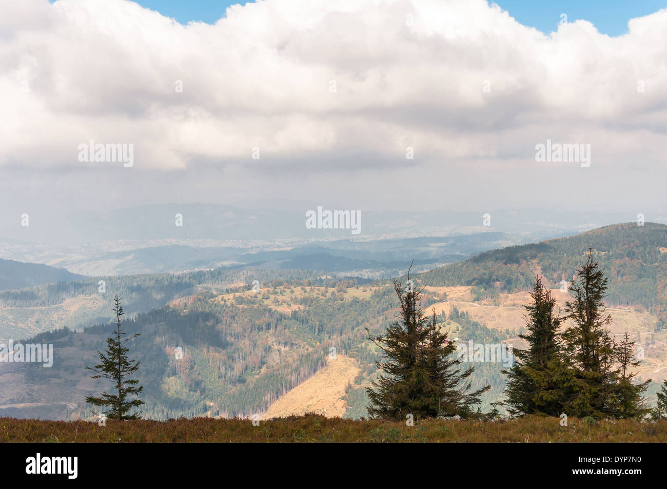Panoramic view of Beskid Mountains from the top of Wielka Racza Stock Photo