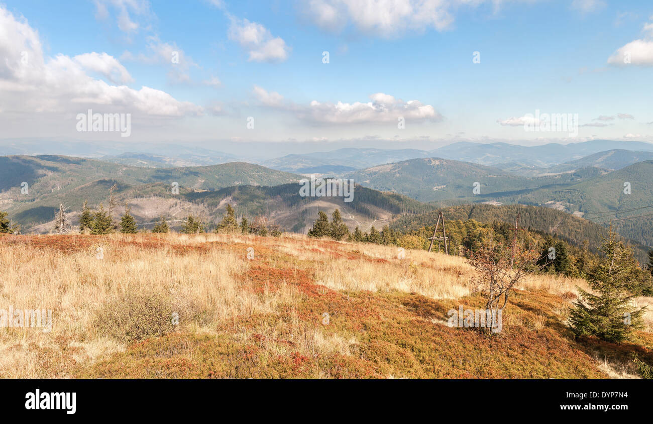 Panoramic view of Beskid Mountains from the top of Wielka Racza Stock Photo
