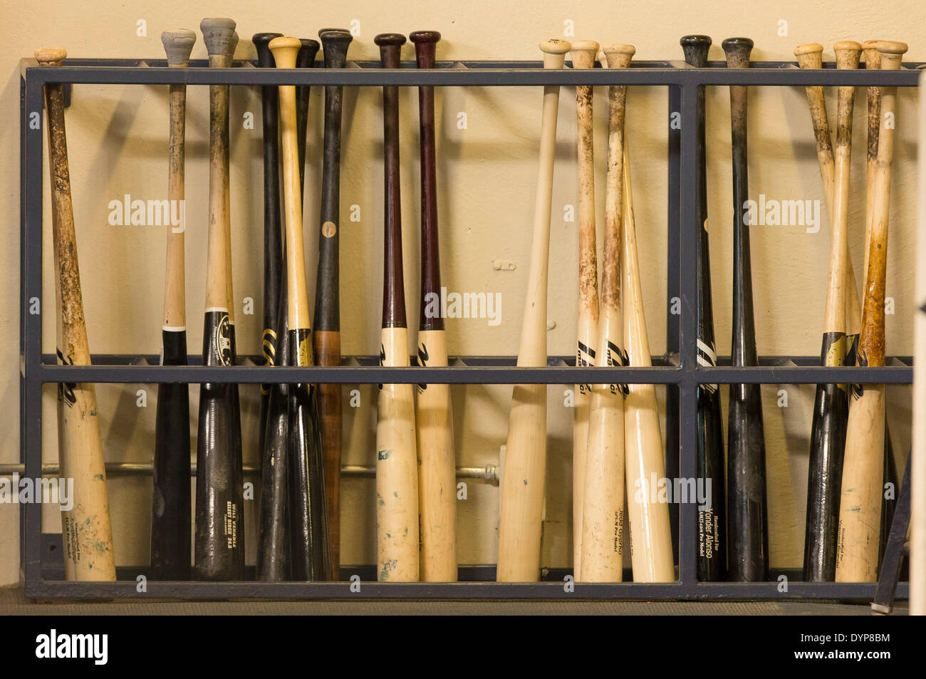Milwaukee, Wisconsin, USA. 23rd Apr, 2014. April 23, 2014: San Diego bat rack just prior to the Major League Baseball game between the Milwaukee Brewers and the San Diego Padres at Miller Park in Milwaukee, WI. John Fisher/CSM/Alamy Live News Stock Photo