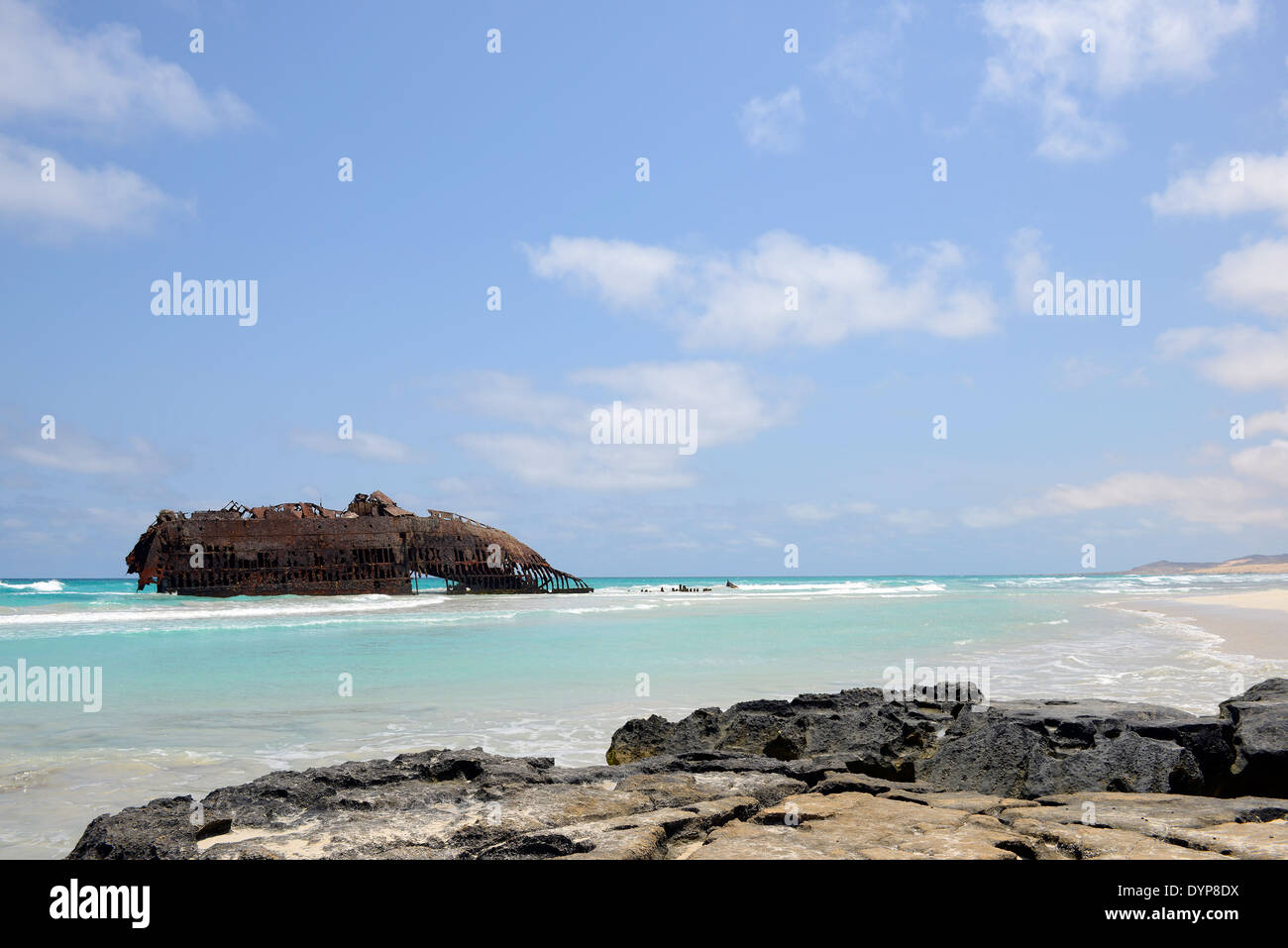 Beach with a ship Wreck in Cabo de Santa Maria, Boa Vista Island in Cape Verde Stock Photo