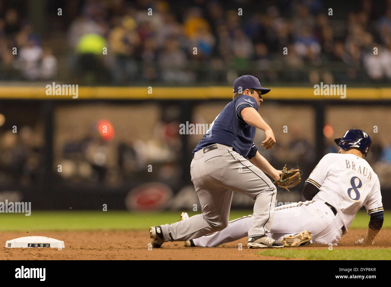 Milwaukee, Wisconsin, USA. 23rd Apr, 2014. April 23, 2014: Milwaukee Brewers baserunner Ryan Braun #8 is caught stealing during the Major League Baseball game between the Milwaukee Brewers and the San Diego Padres at Miller Park in Milwaukee, WI. John Fisher/CSM/Alamy Live News Stock Photo