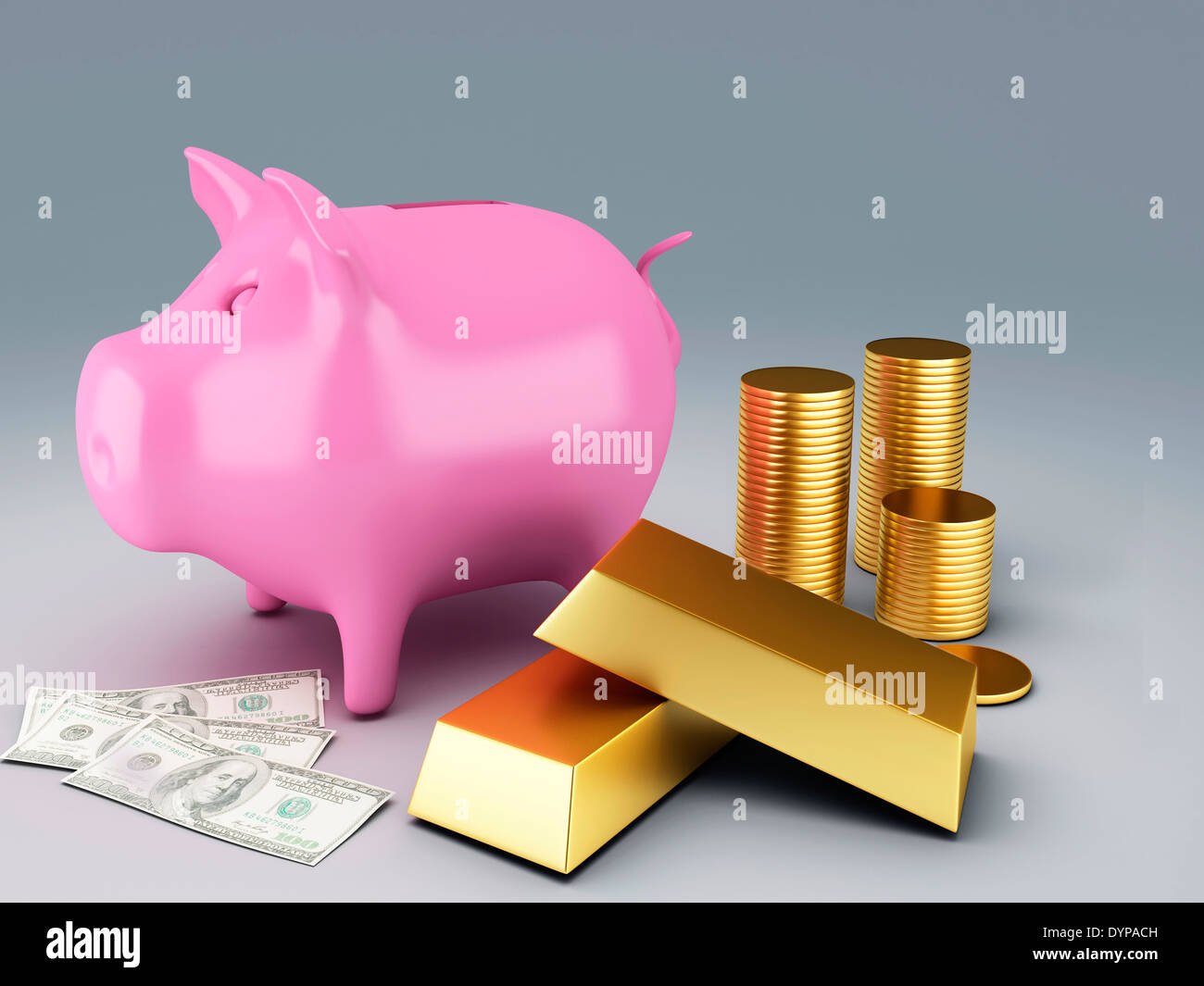 image of Piggy Bank with gold coins 3d illustration Stock Photo - Alamy